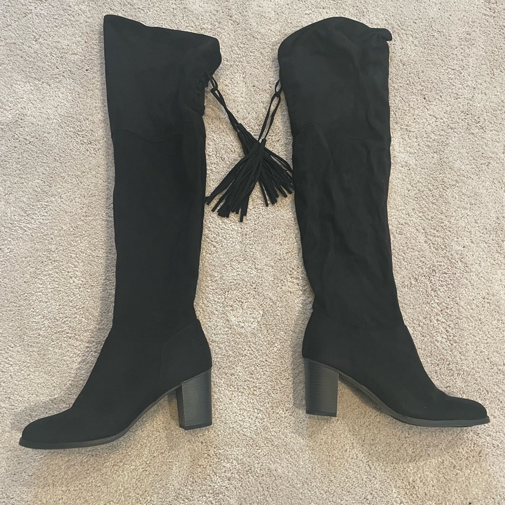 Knee high black suede boots